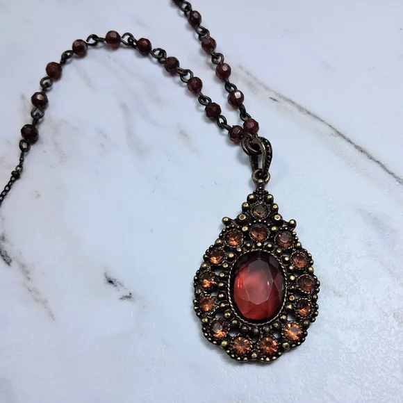 Vintage Avon Victorian Revival Necklace Honey Amber Toned Stone Teardrop Beaded - Picture 7 of 17